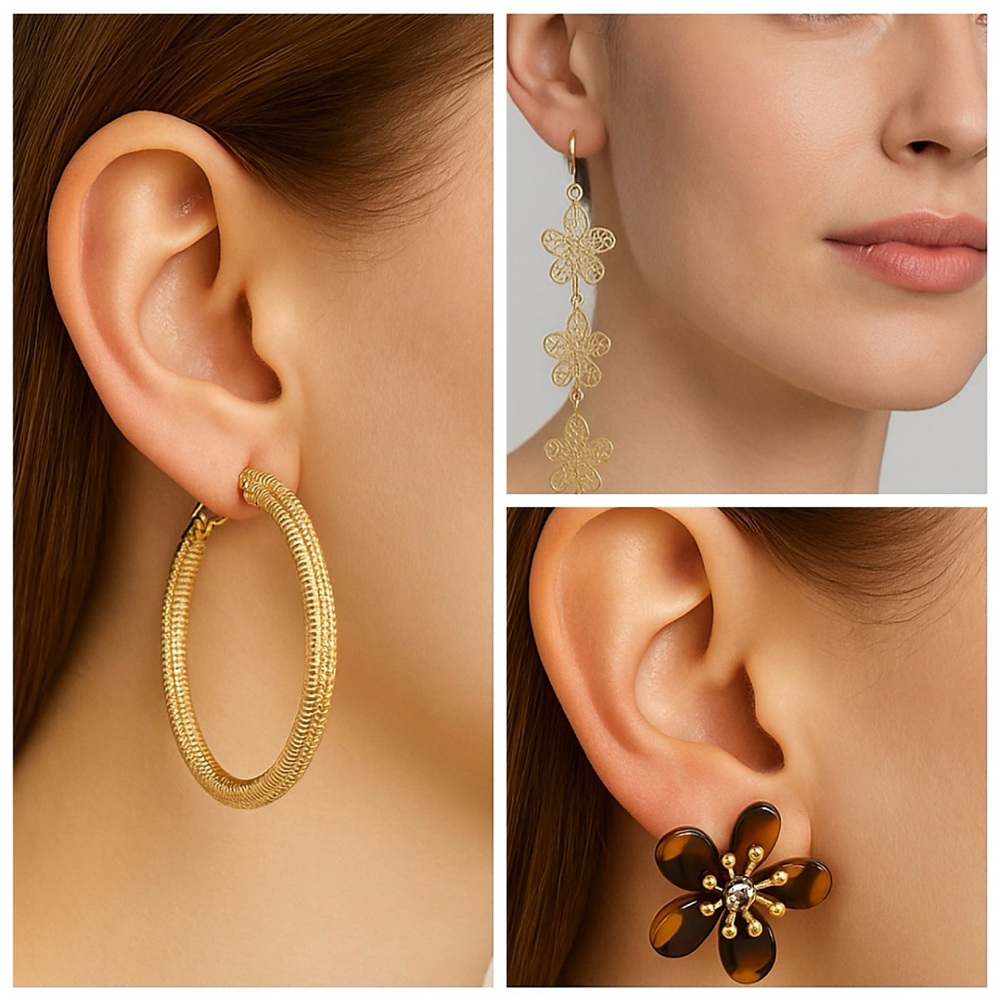 Noir Assorted Floral & Hoop Gold Earrings